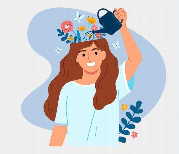 illustration of lady watering brain with flowers growing