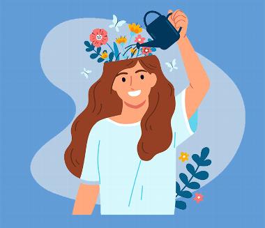 illustration of woman watering brain with plants growing