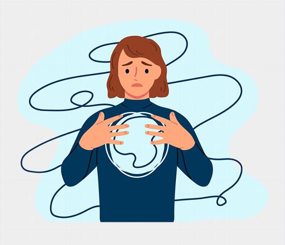 illustration of lady holding blue ball of anxiety